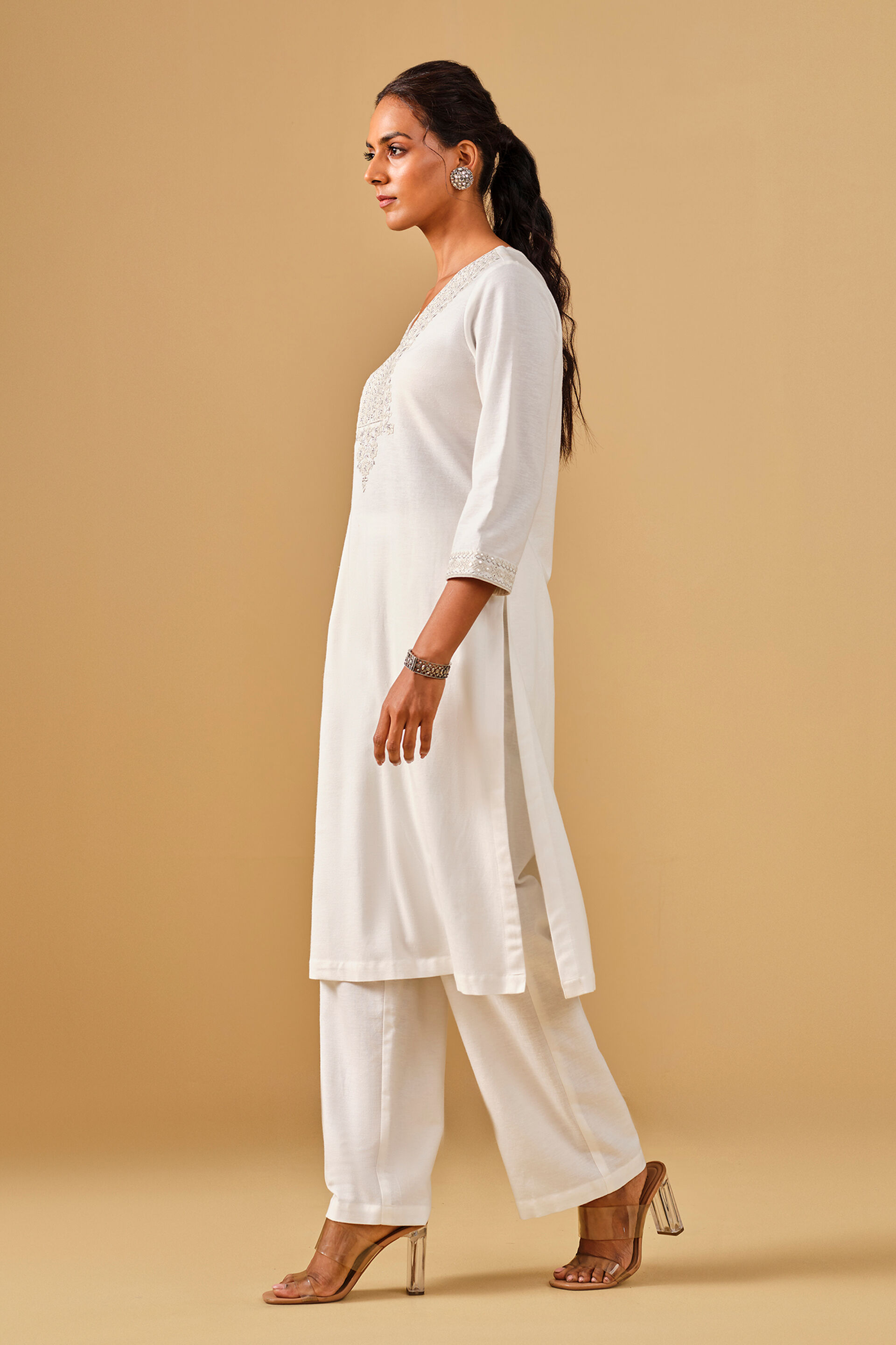 Solid White Viscose Kurta Set, White, image 3